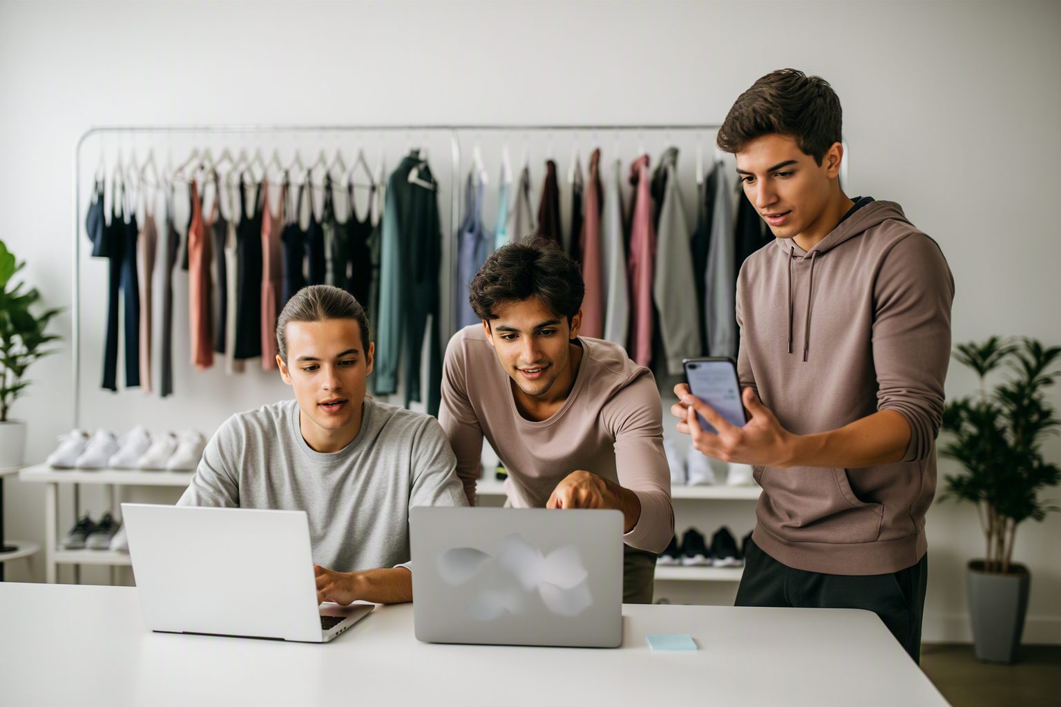 An activewear launch team checking a campaign on laptops and a phone