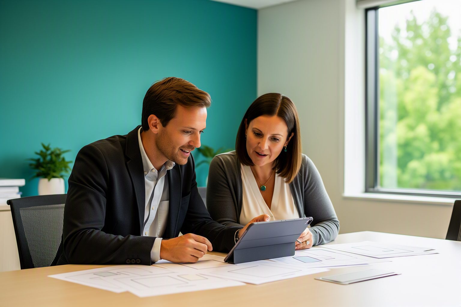A marketing team and a care network director reviewing a quarterly plan in a bright meeting room