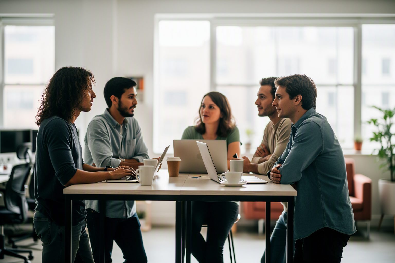 A short team standup around a high table
