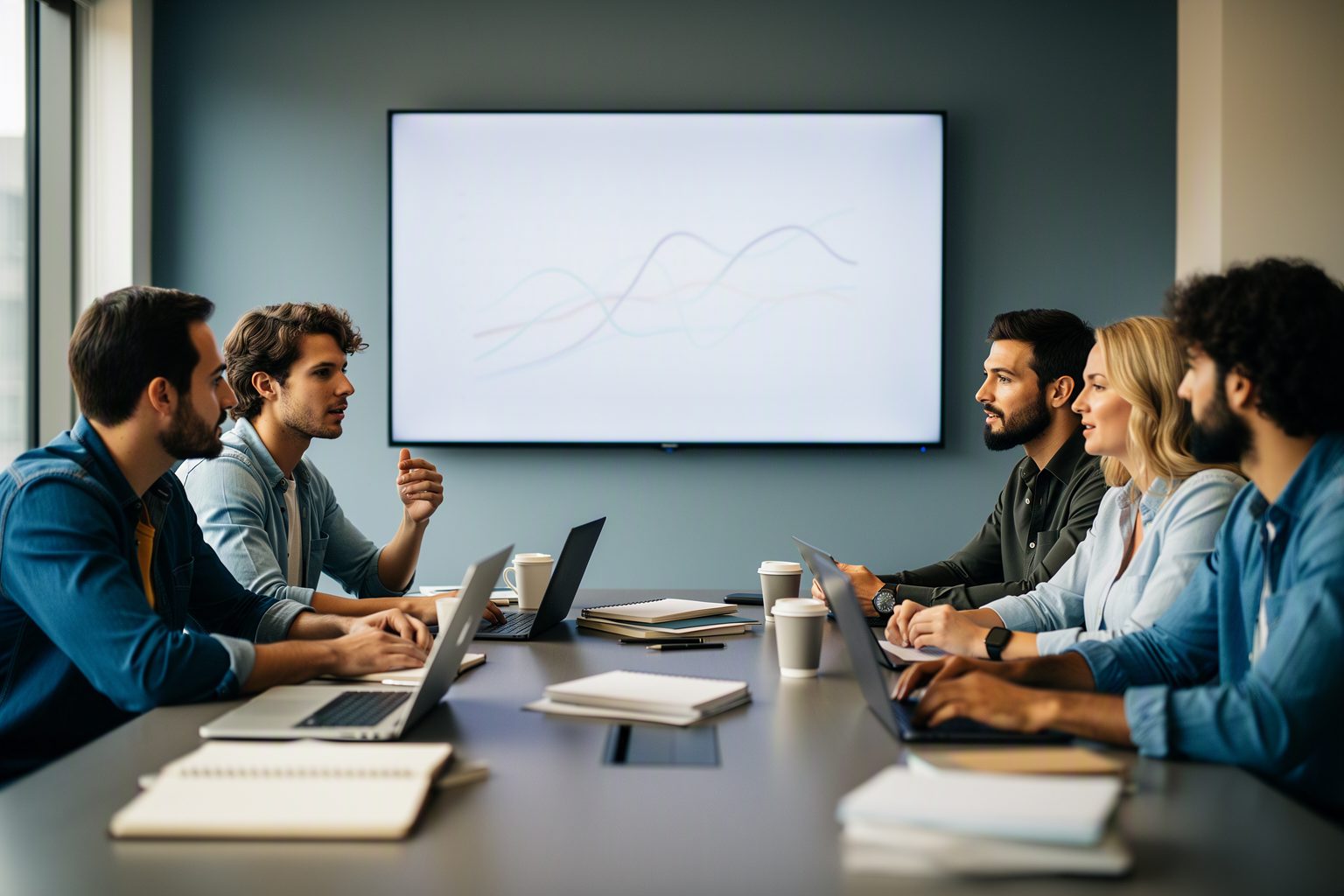 A search team reviewing experiment results on a large screen