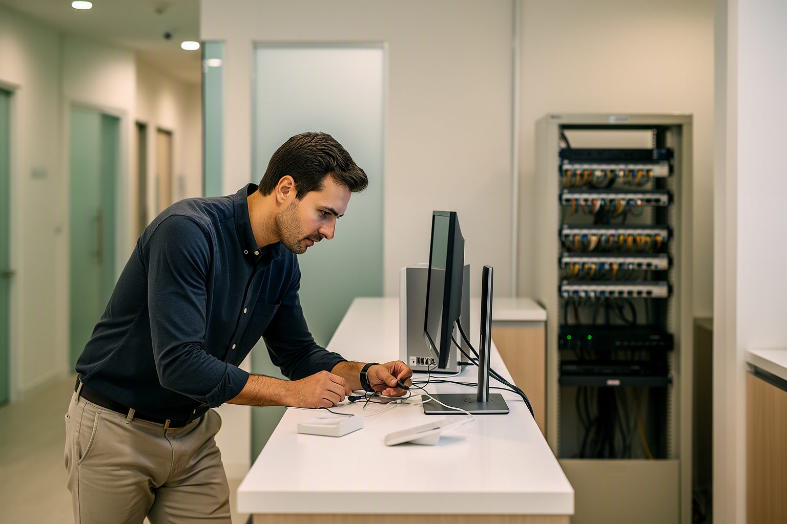 An IT technician setting up workstations at a dental office