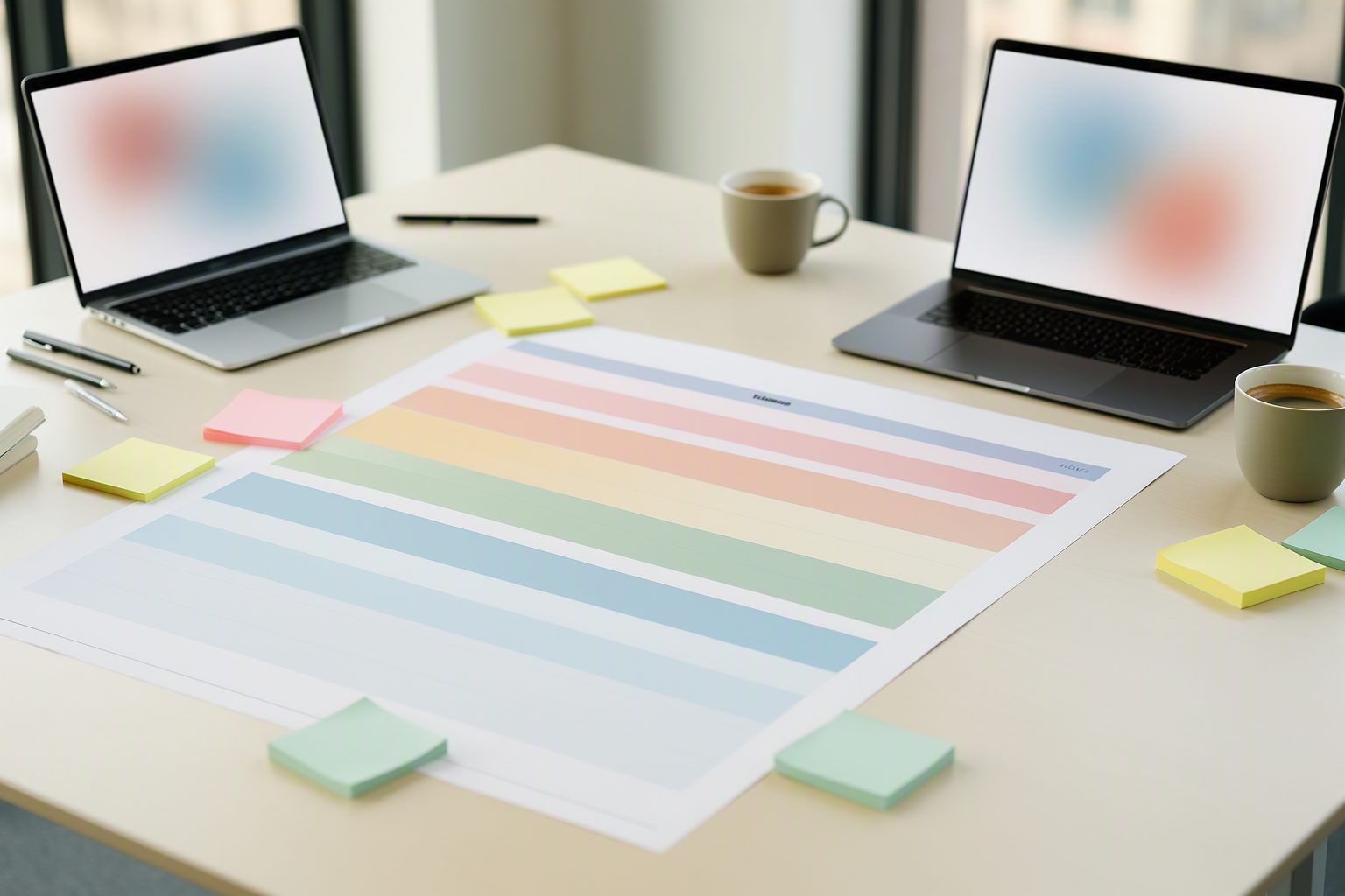A printed project plan with colored phases on a meeting table