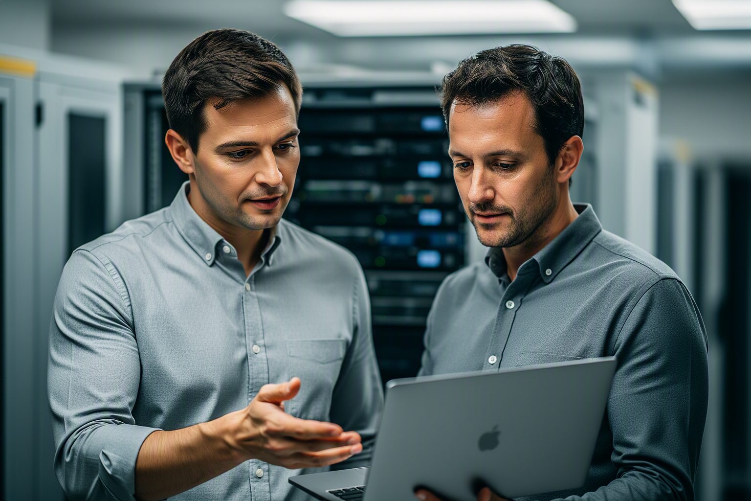 A security consultant reviewing remediation work with an IT manager