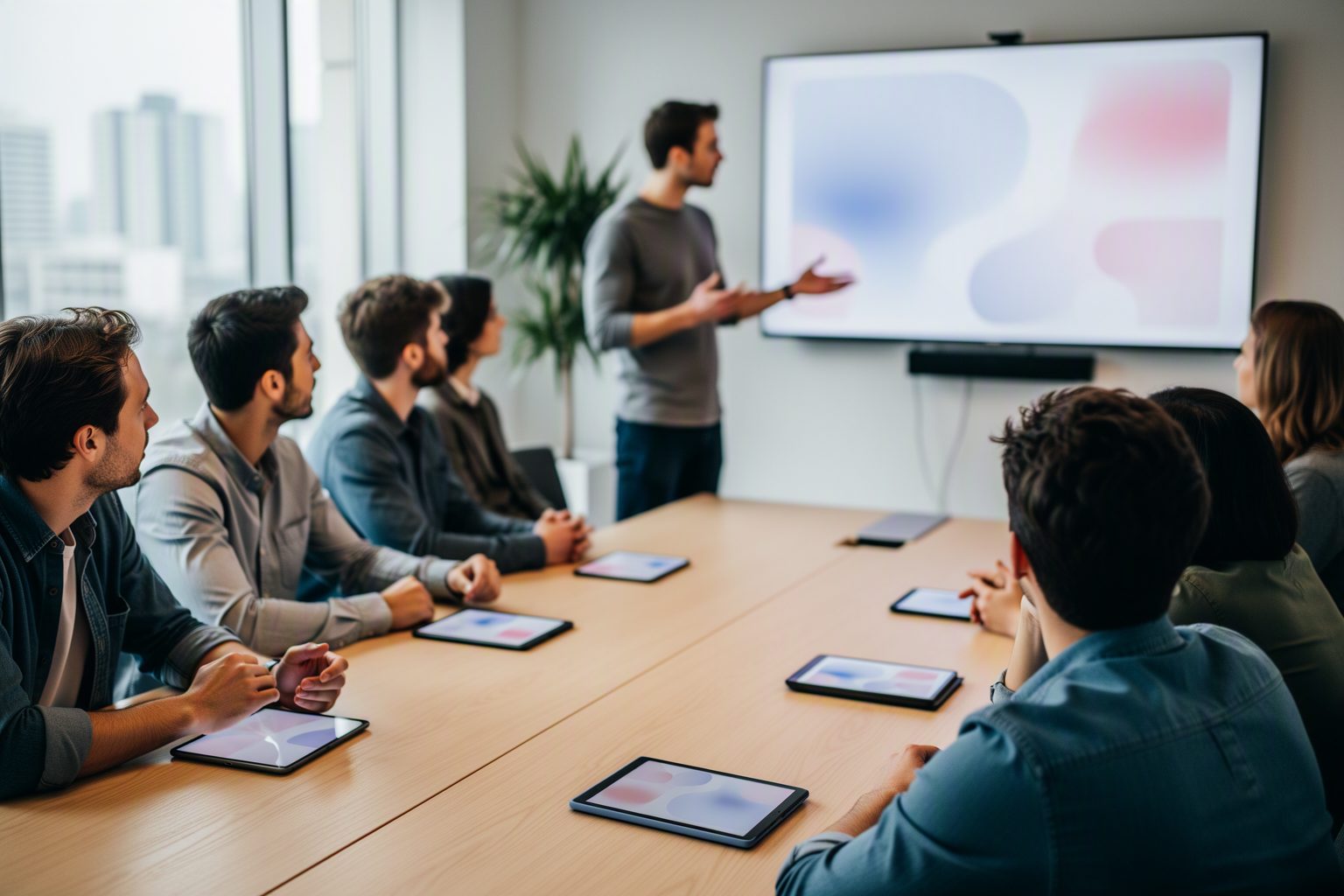 A software team at a sprint review with a mobile app on devices