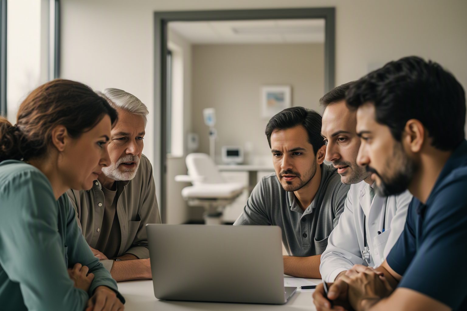 A team deciding whether to go live, gathered around a laptop