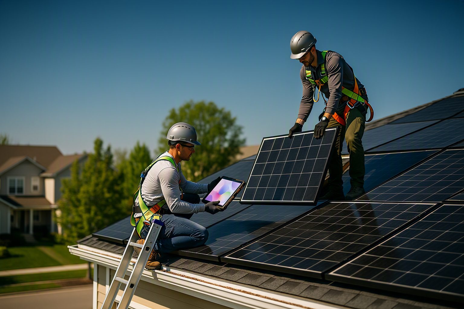 A solar installation crew on a residential roof with an operations tablet