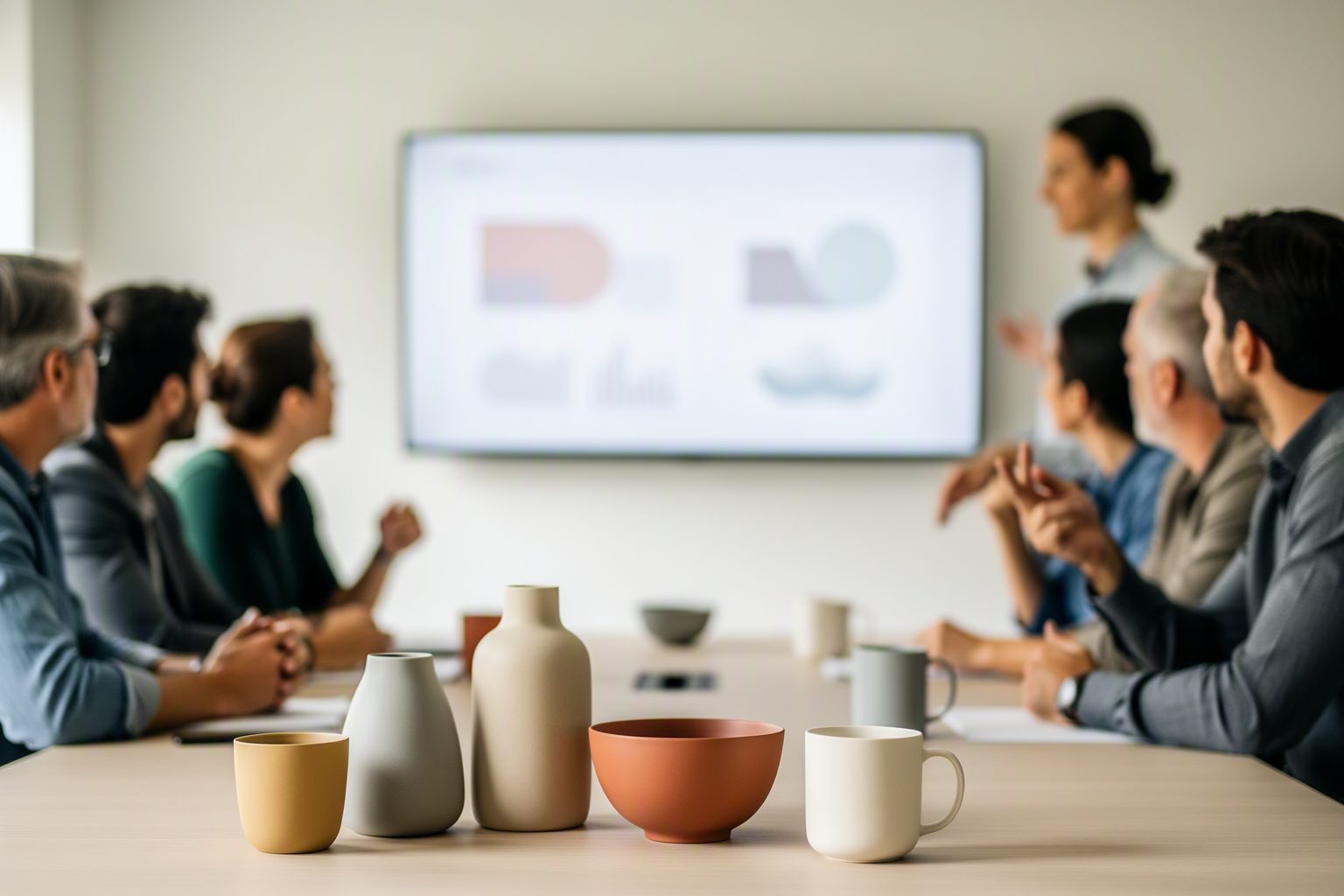 Leaders of a home goods retailer reviewing a monthly dashboard