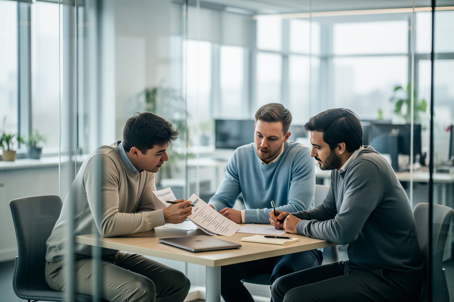 An interview panel preparing before a technical interview