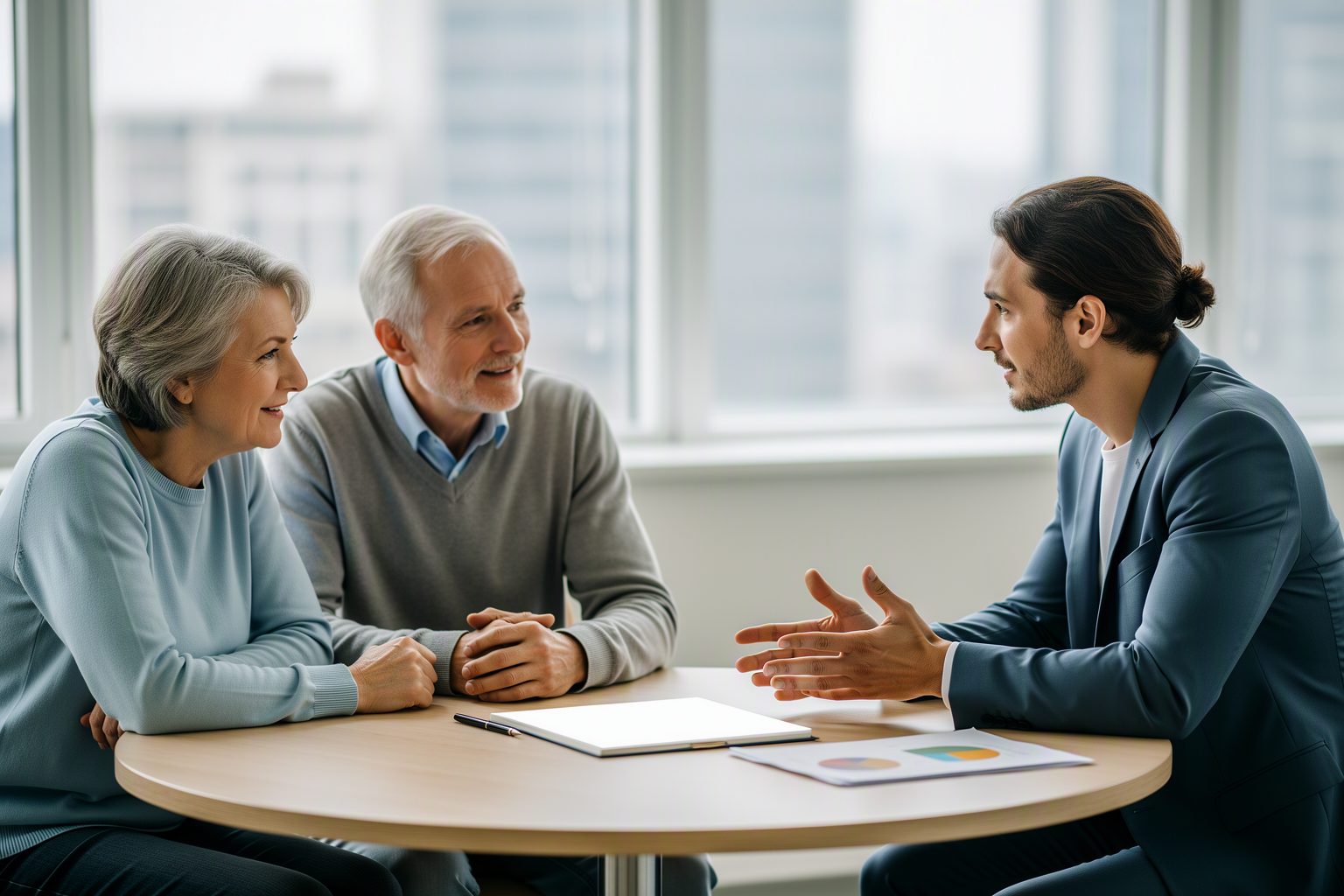 A retired couple talking with their adviser