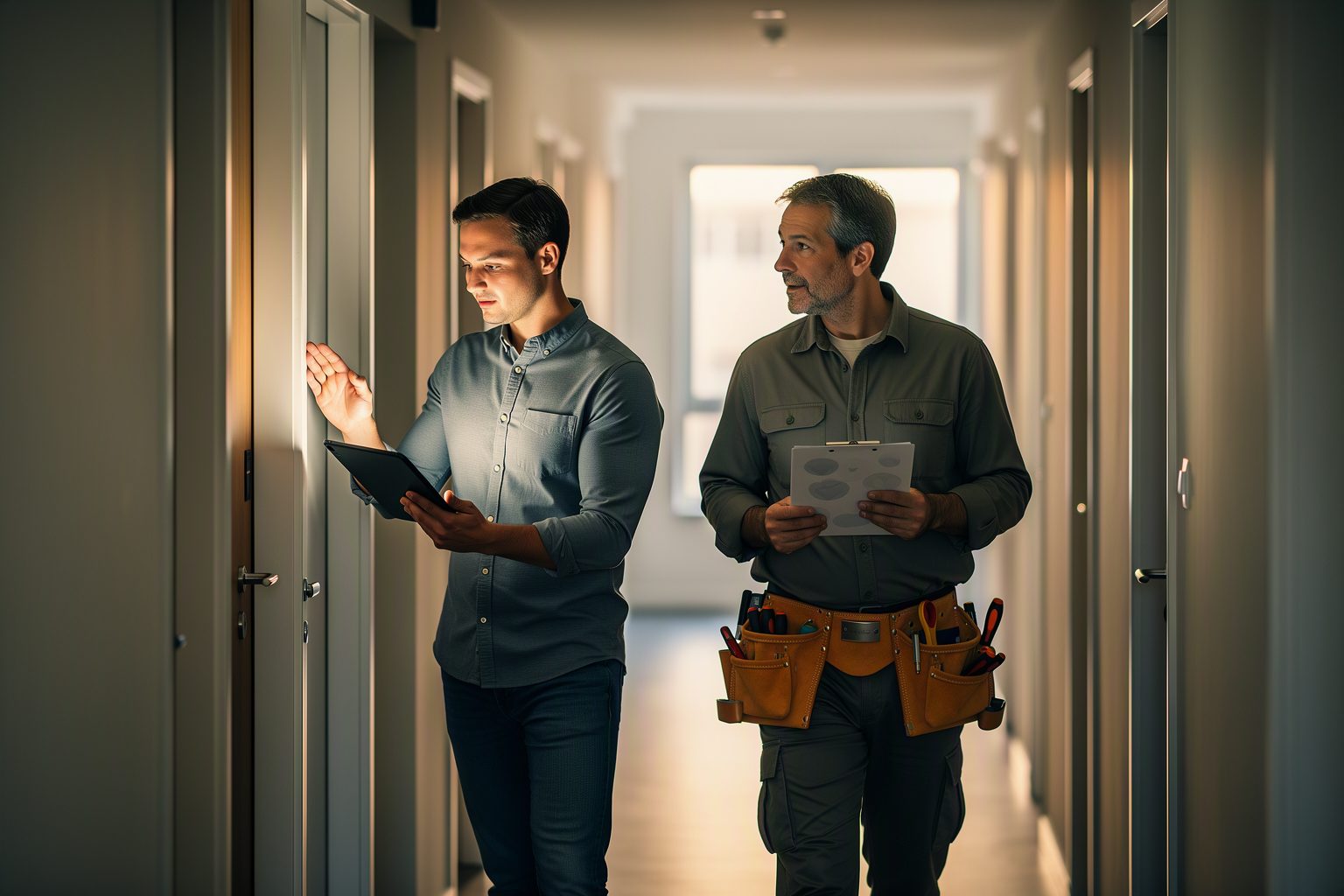 A property manager walking a newly managed building
