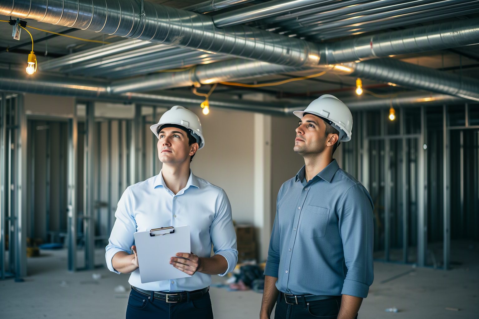 Two project managers discussing a duct conflict in an unfinished ceiling space