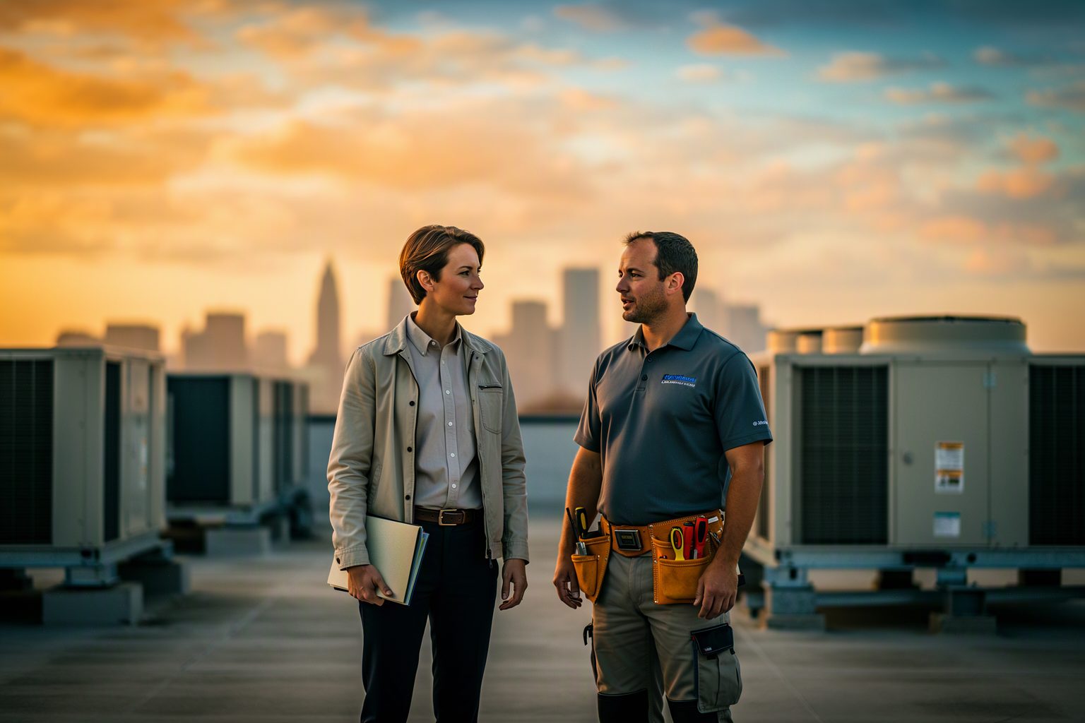 A project engineer and a vendor inspecting rooftop equipment near project closeout