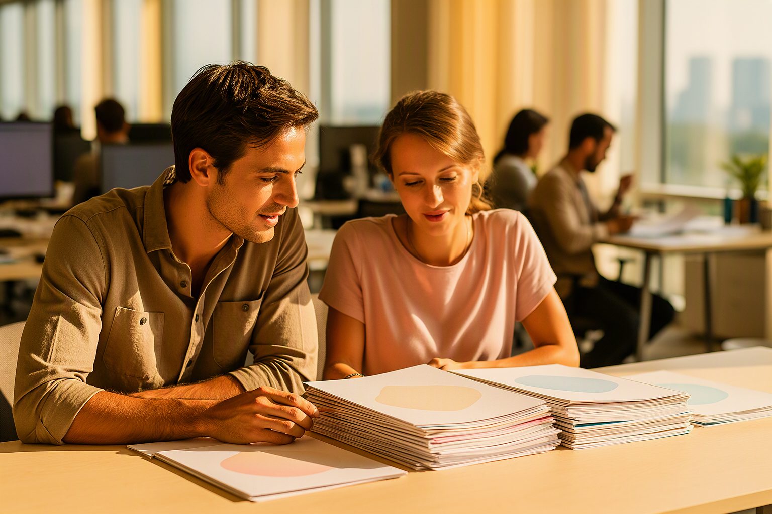 Two event producers reviewing notes together in a production office