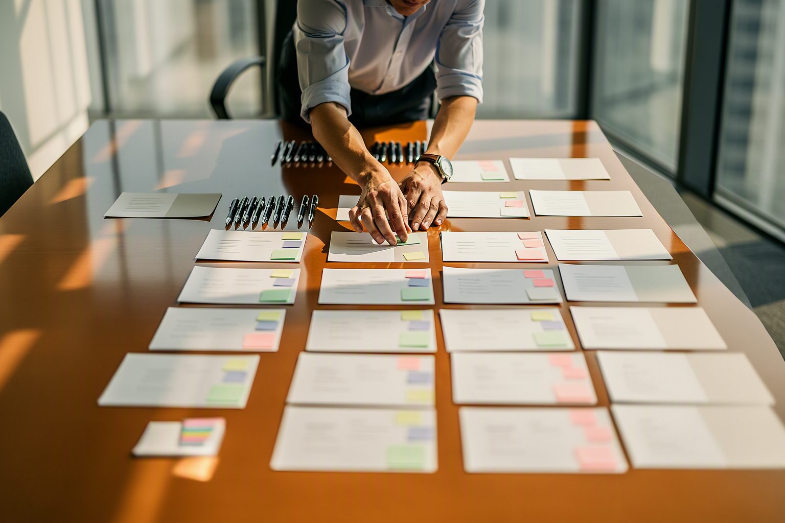 A closing coordinator laying out signature packets before a deal signing