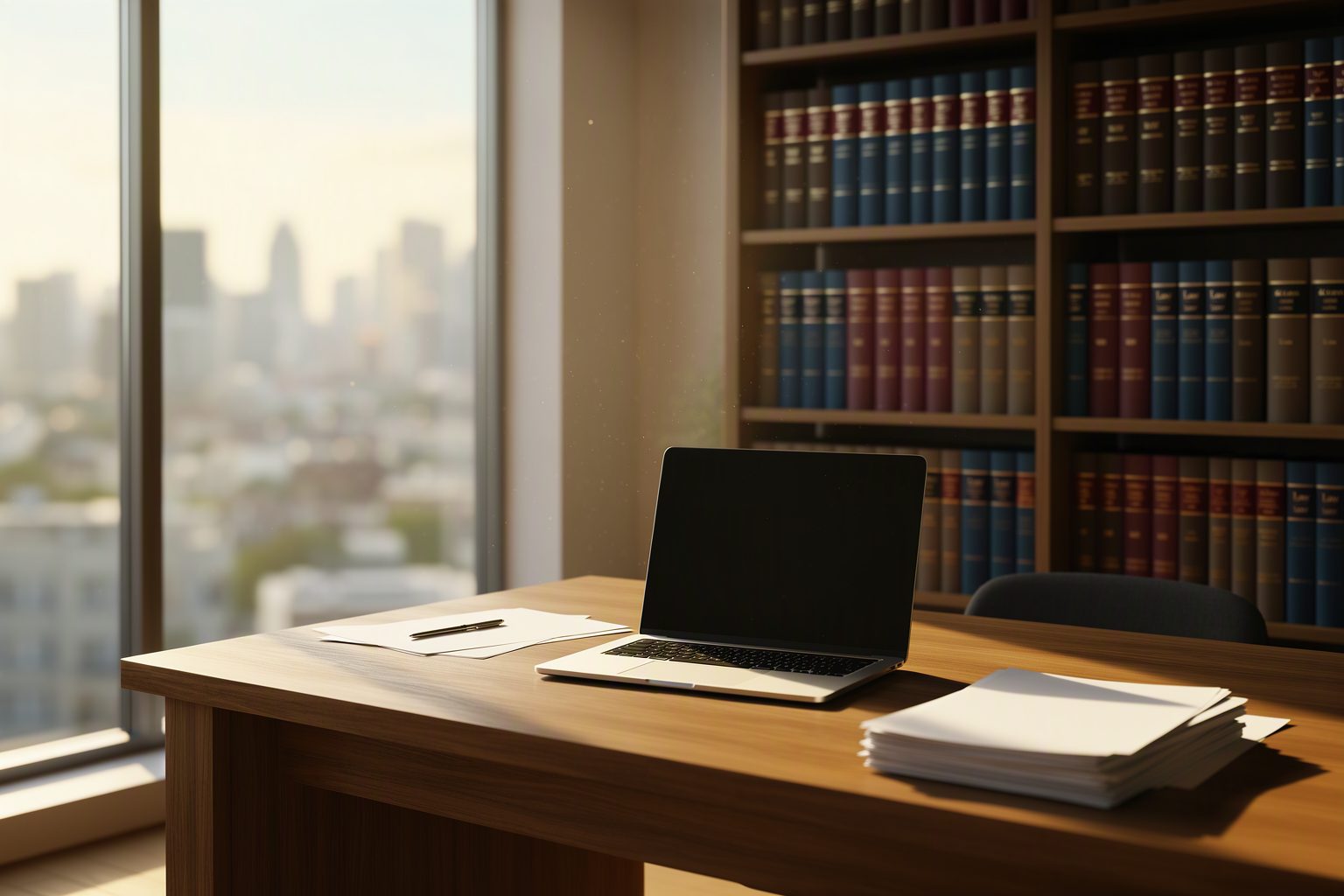 A bright law office with a desk, books and a window