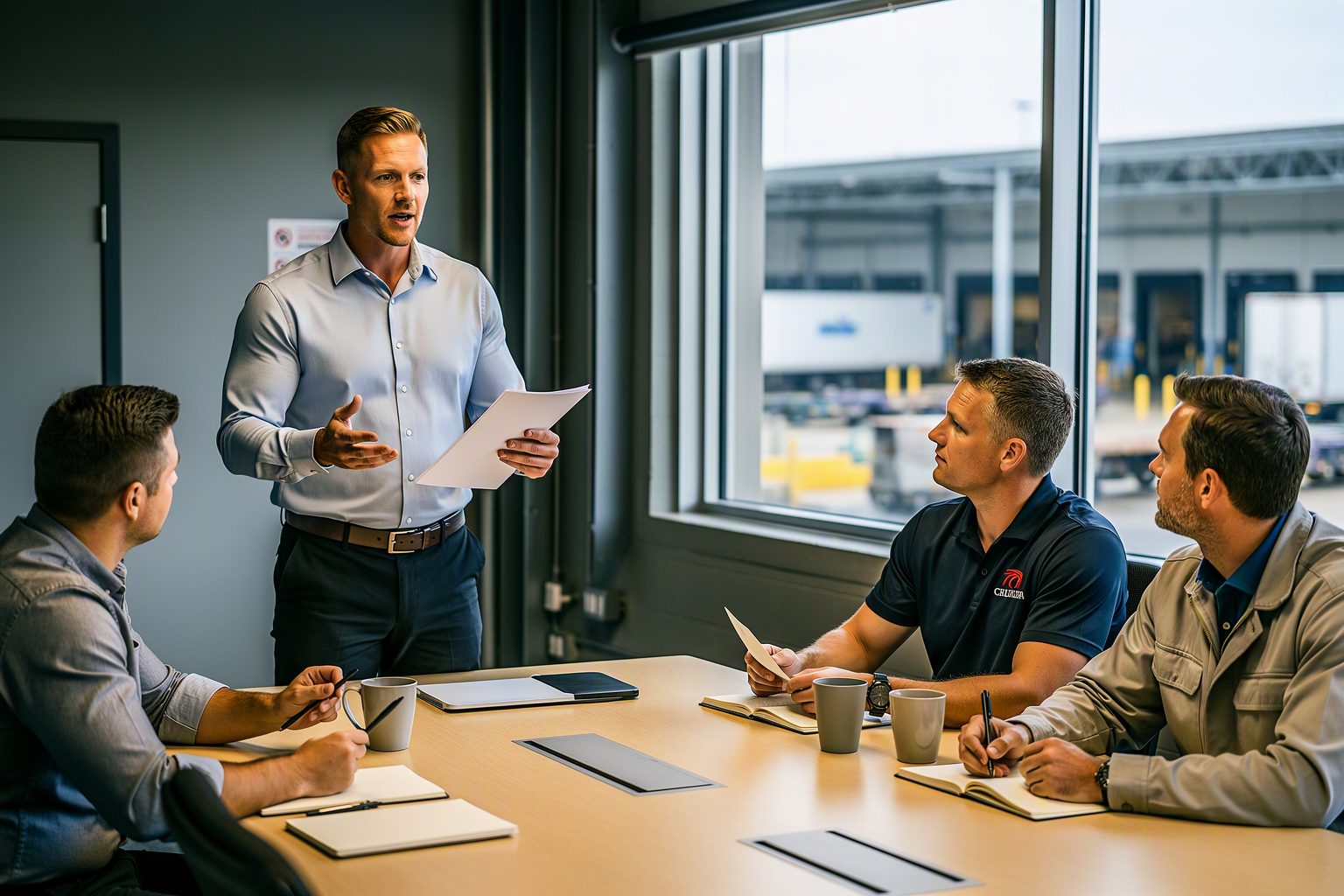A brokerage account manager presenting a quarterly review to a shipper's plant managers