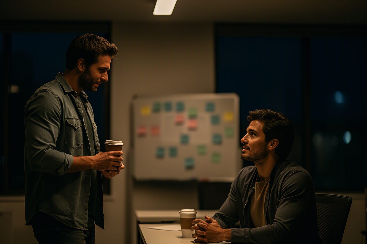 Two freight operators handing off the night shift on a dimly lit operations floor